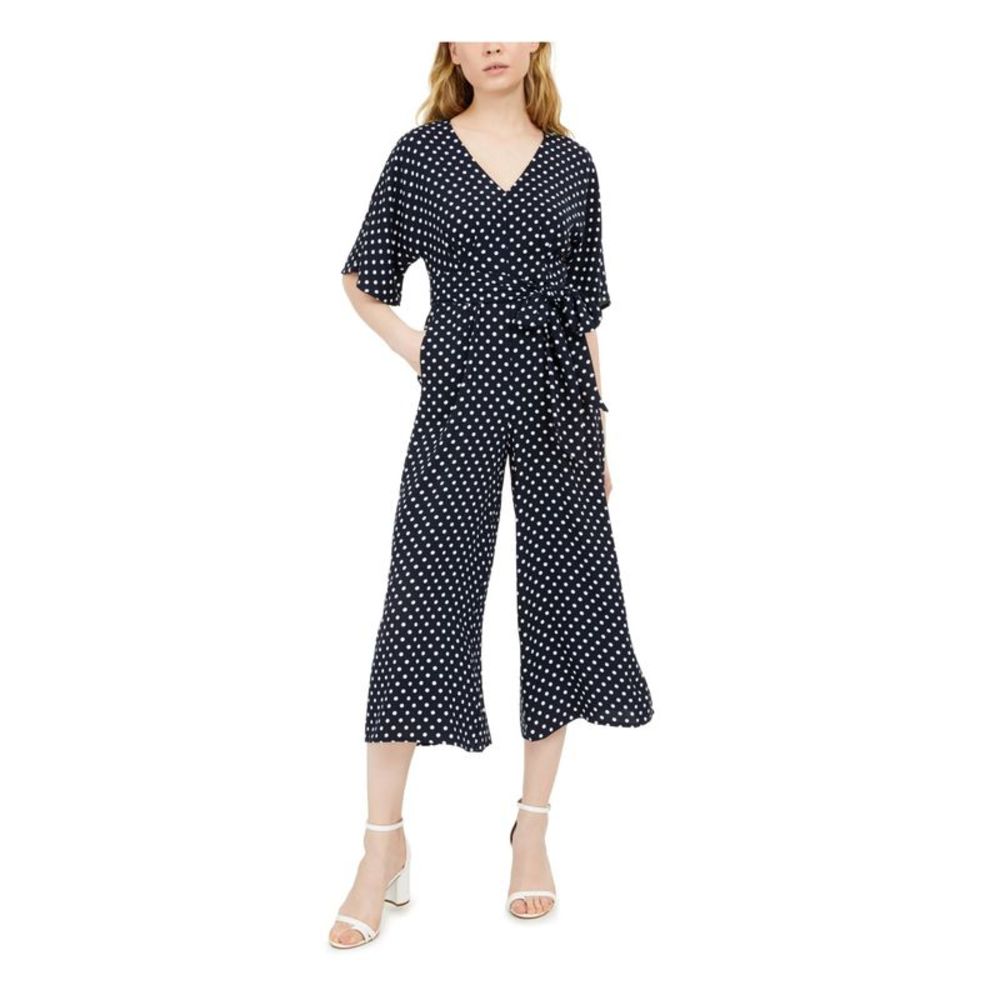INC DRESS Womens Navy Belted Short Sleeve V Neck Wear To Work Flare Jumpsuit 14